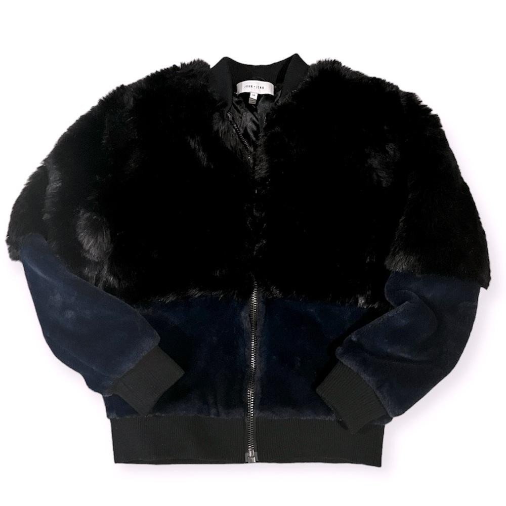 John +Jenn Two Tone Black & Blue Faux Fur Bomber Jacket- Size S